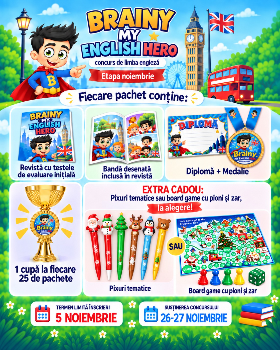 Afiș Brainy My English HERO, etapa noiembrie: înscrieri până la 5 noiembrie, concurs 26–27 noiembrie; revistă, bandă desenată, diplomă, medalie, cupă la 25 de pachete și extra cadou la alegere
